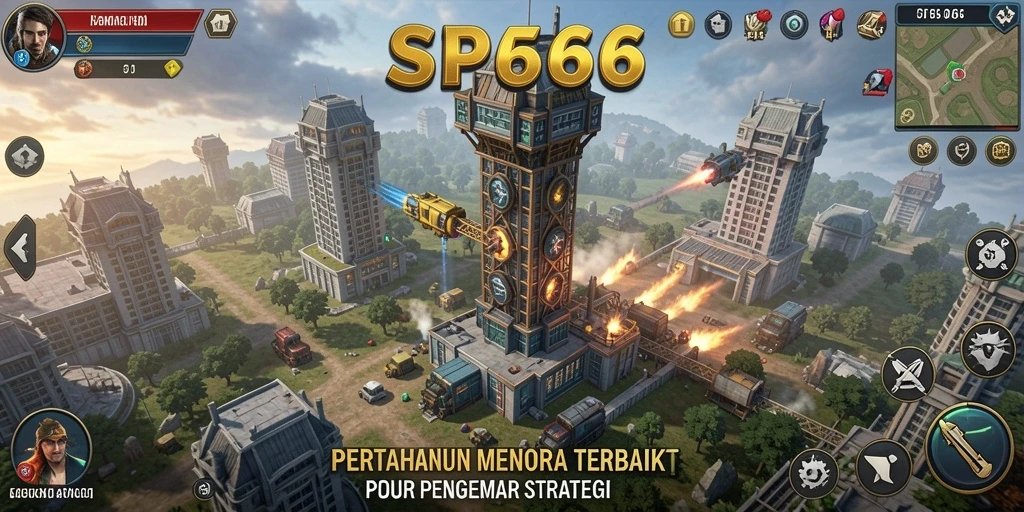 Gambaran gameplay SP666 dengan menara pertahanan yang strategis.